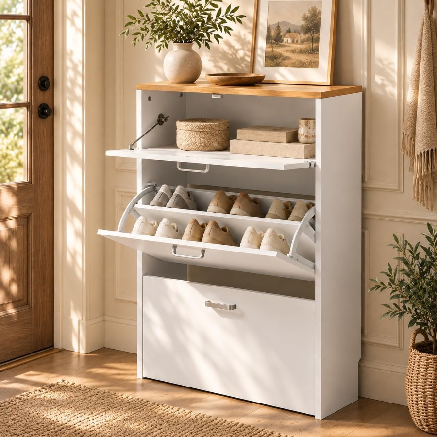 Shoe Rack Cabinet Narrow Entryway - 玄関用の靴収納キャビネット、白、小型、スリムな靴棚、幅25インチ。