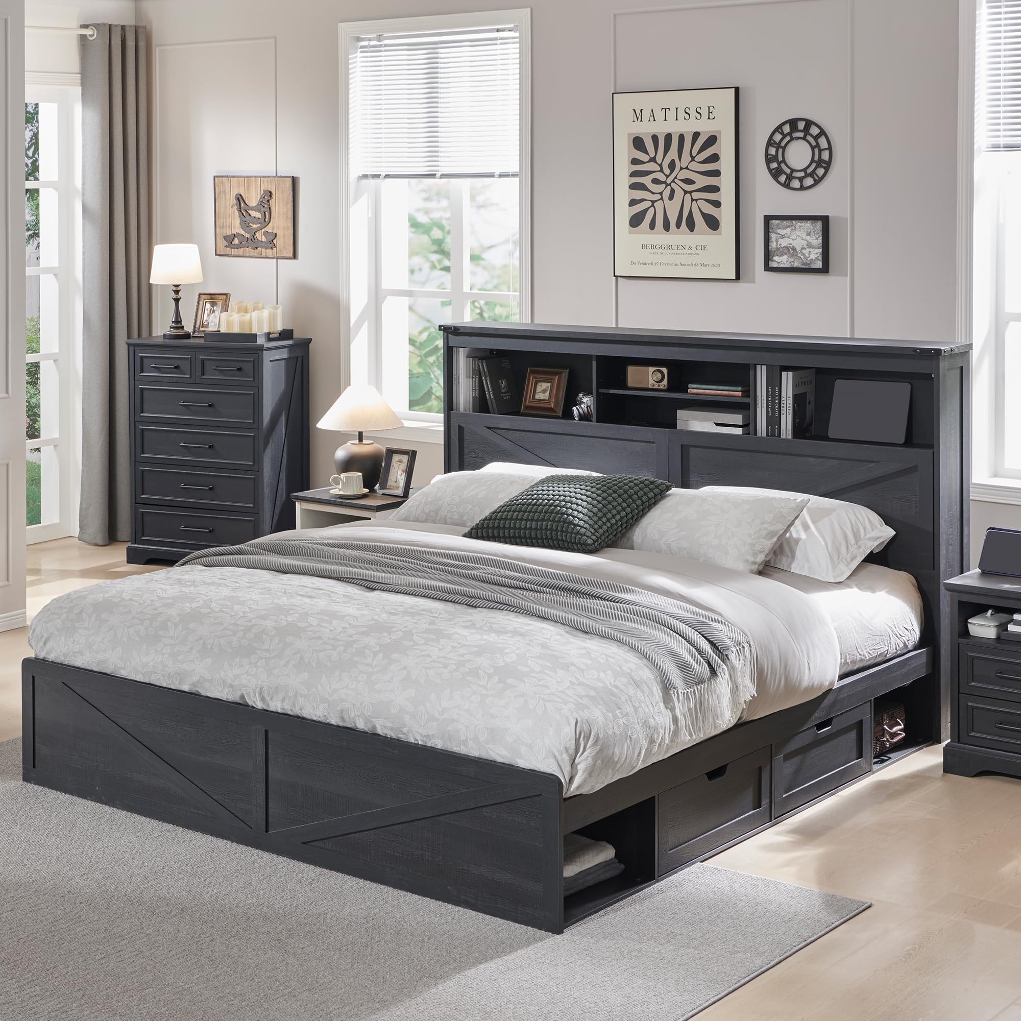 52インチの高さの収納付き本棚と4つの引き出しを備えた、木製 - King Size Bed Frame With Storage Drawers のレビューと価格