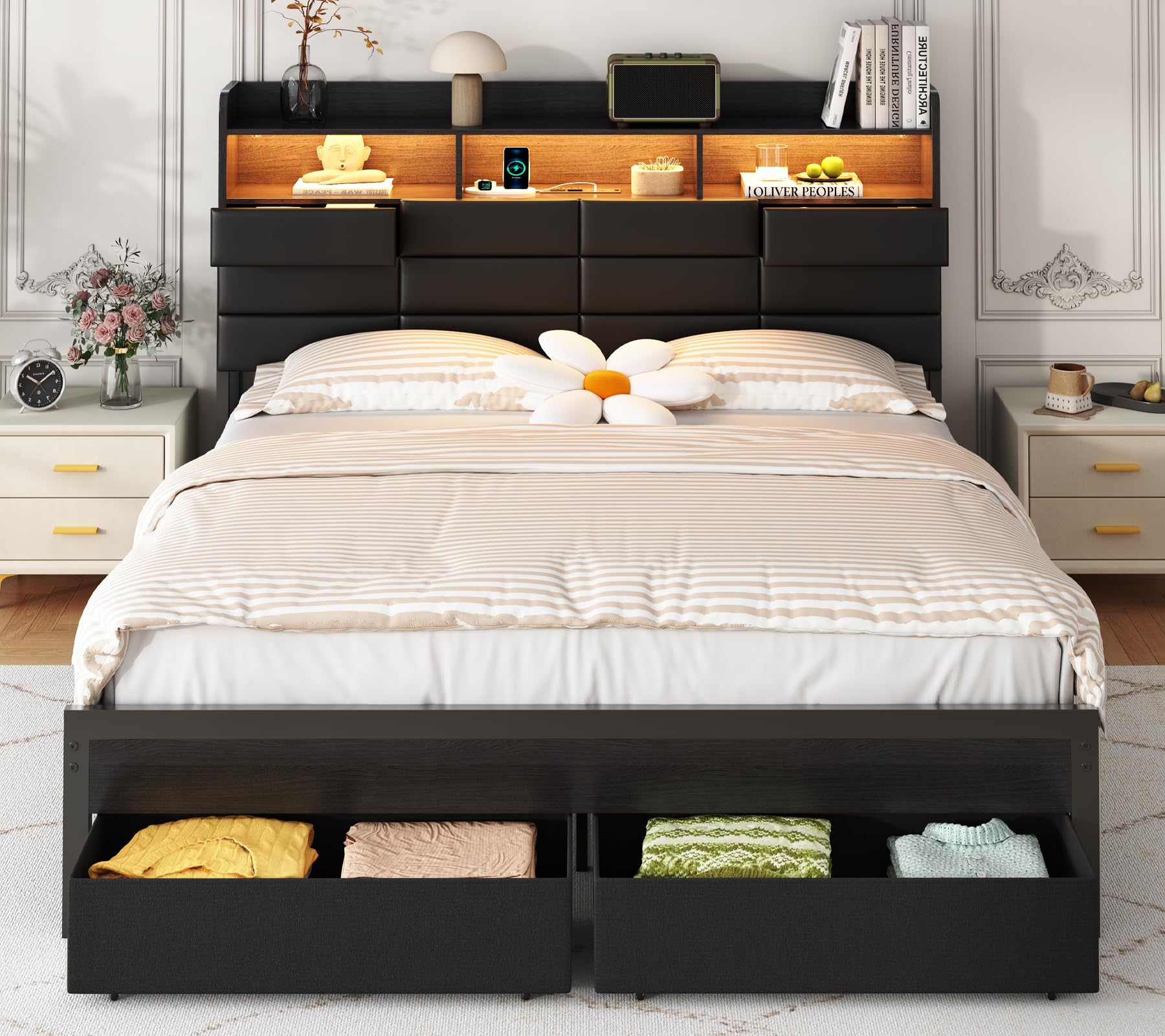 収納引き出しと充電ステーション付きのキングサイズベッドフレー - King Size Bed Frame With Storage Drawers のレビューと価格