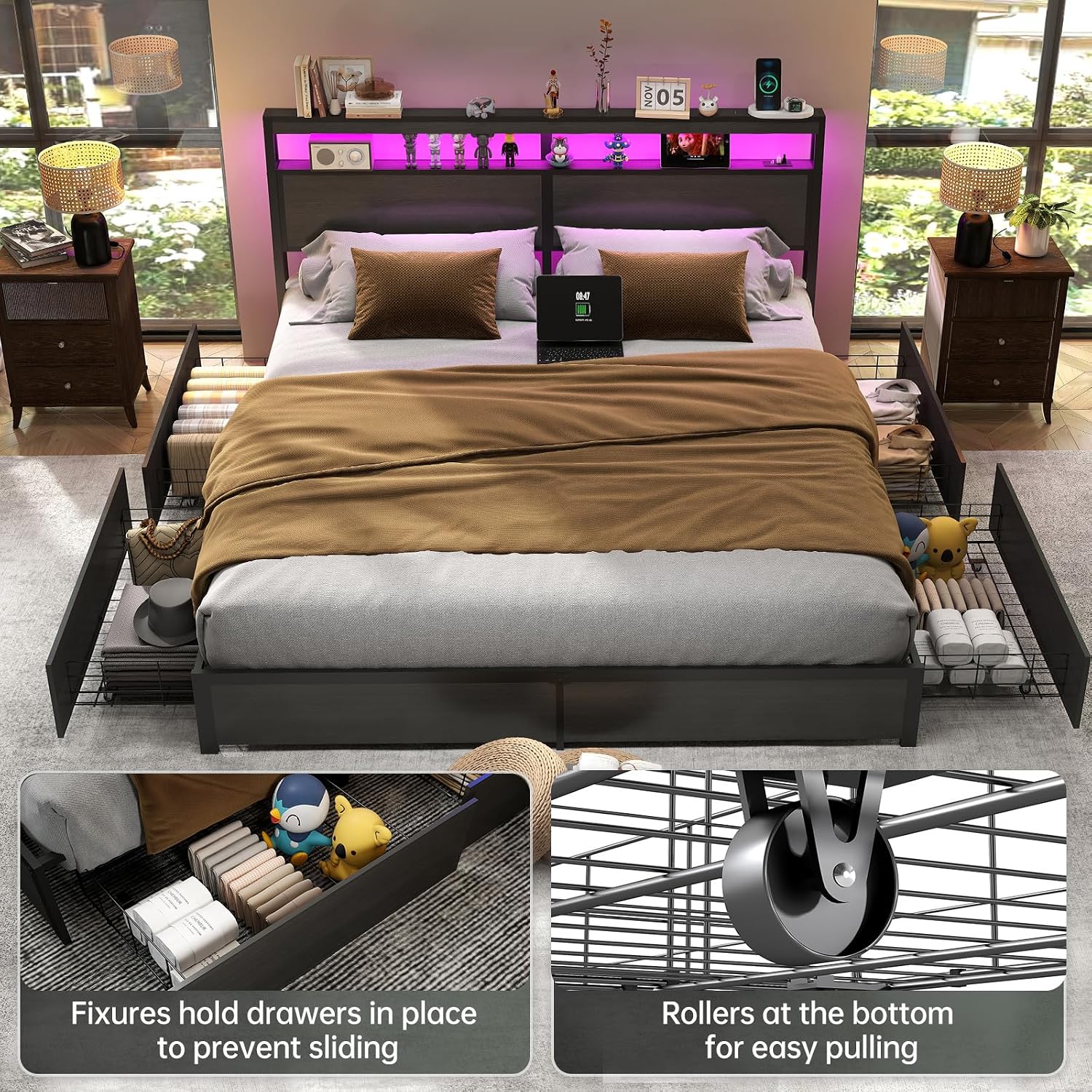 キングサイズベッドフレーム、LEDライト付きヘッドボードと4 - King Size Bed Frame With Storage Drawers のレビューと価格