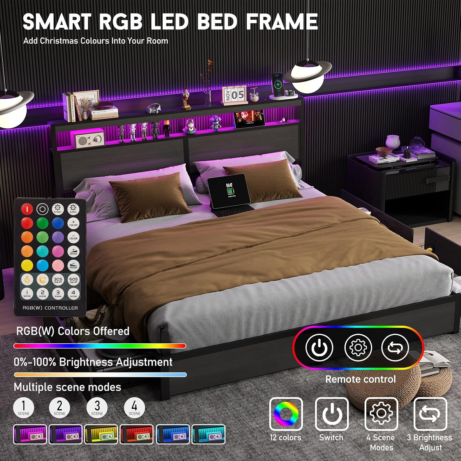 キングサイズベッドフレーム、LEDライト付きヘッドボードと4 - King Size Bed Frame With Storage Drawers のレビューと価格
