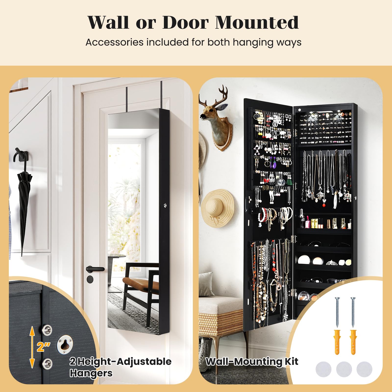 壁掛けまたはドア掛け式の全身鏡付きジュエリー収納キャビネット - Full Length Mirror Jewelry Armoire のレビューと価格