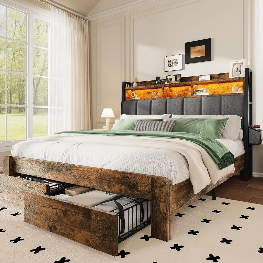 キングサイズのベッドフレーム。収納引き出し2つ付き。充電ステ - King Size Bed Frame With Storage Drawers のレビューと価格