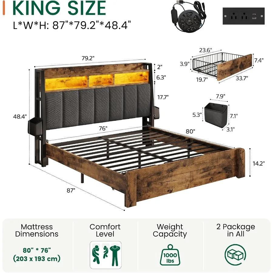 キングサイズのベッドフレーム。収納引き出し2つ付き。充電ステ - King Size Bed Frame With Storage Drawers のレビューと価格