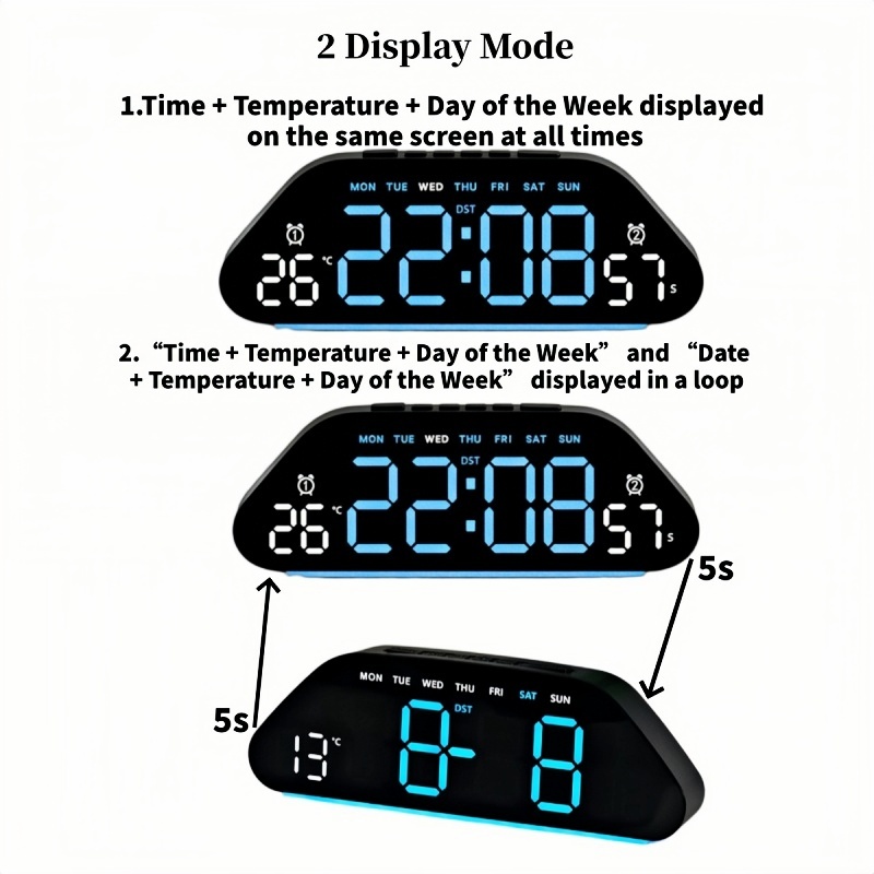 LEDデジタル目覚まし時計。ムードライト、温度表示、曜日・日 - Bedroom Furniture のレビューと価格