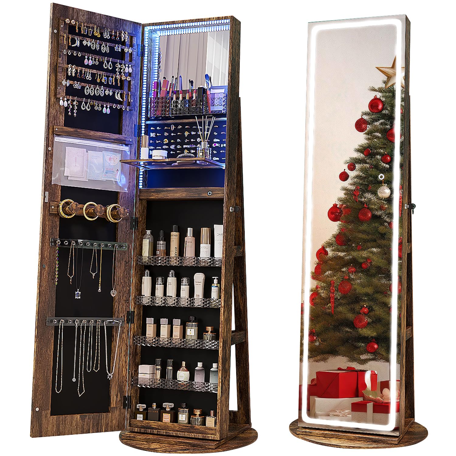回転式LEDライト付きジュエリー収納鏡、全身鏡（収納機能付き - Full Length Mirror Jewelry Armoire のレビューと価格