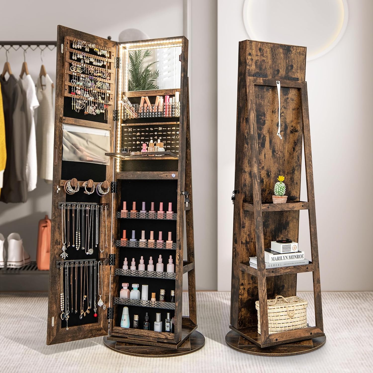 回転式LEDライト付きジュエリー収納鏡、全身鏡（収納機能付き - Full Length Mirror Jewelry Armoire のレビューと価格