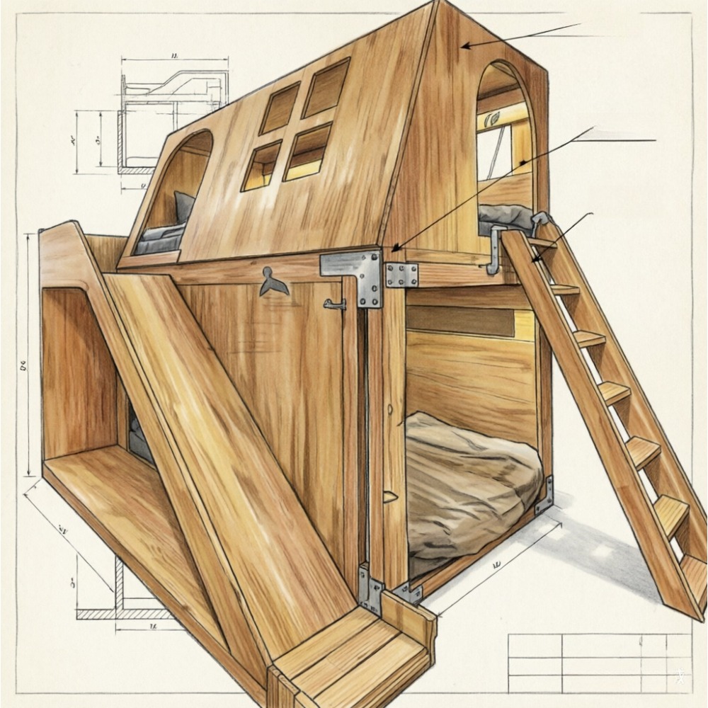 アメリカ製無垢材キッズツリーハウス二段ベッドプリンセスキャッ - Bunk Bed With Stairs And Slide のレビューと価格