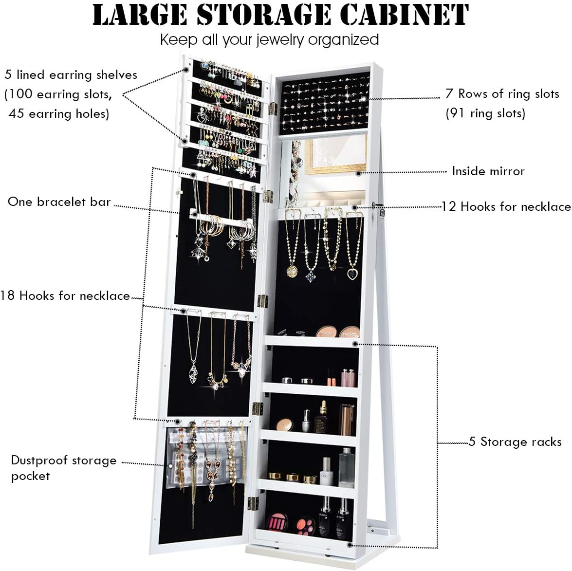 全身鏡付きの自立式ジュエリー収納キャビネット、鍵付き - Full Length Mirror Jewelry Armoire のレビューと価格